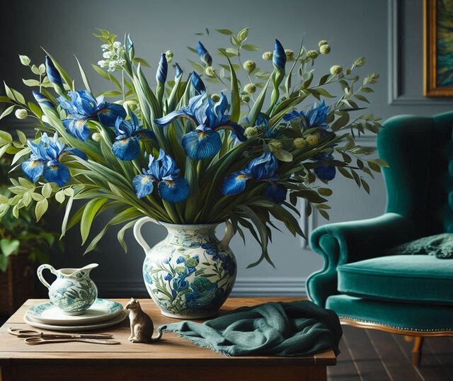 Vaso di iris con poltrona verde, immagine generata da Sibilla Ulivi