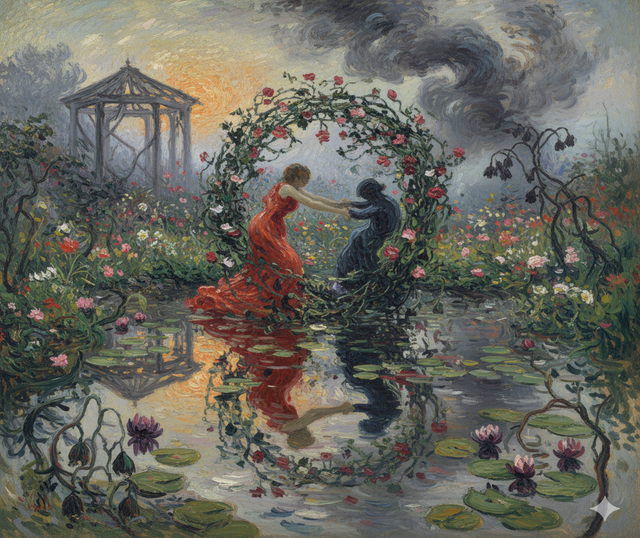 Due innamorati si trovano all'interno di un rapporto profondamente conflittuale. Gli elementi del quadro concorrono a rappresentare l'atmosfera emotiva che c'è fra di loro.