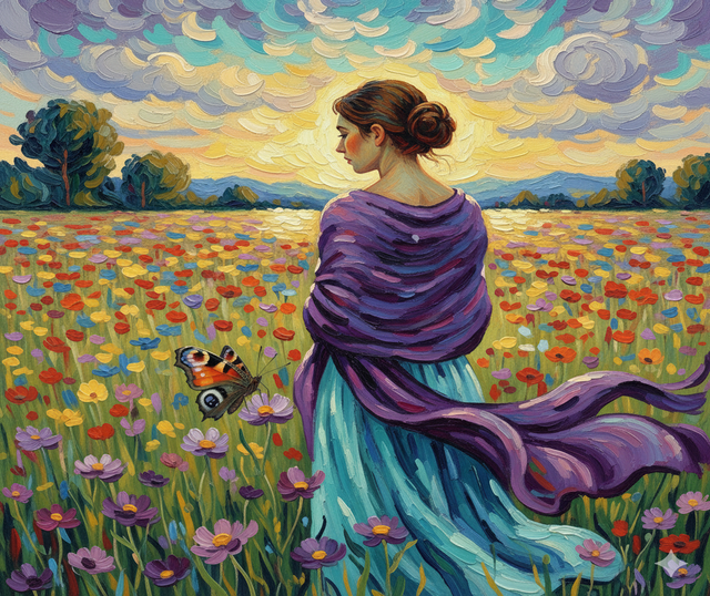 Dipinto stile Van Gogh per articolo su ansia sociale e ipersensibilità. Una donna con scialle viola, di spalle, osserva una farfalla in un prato fiorito.