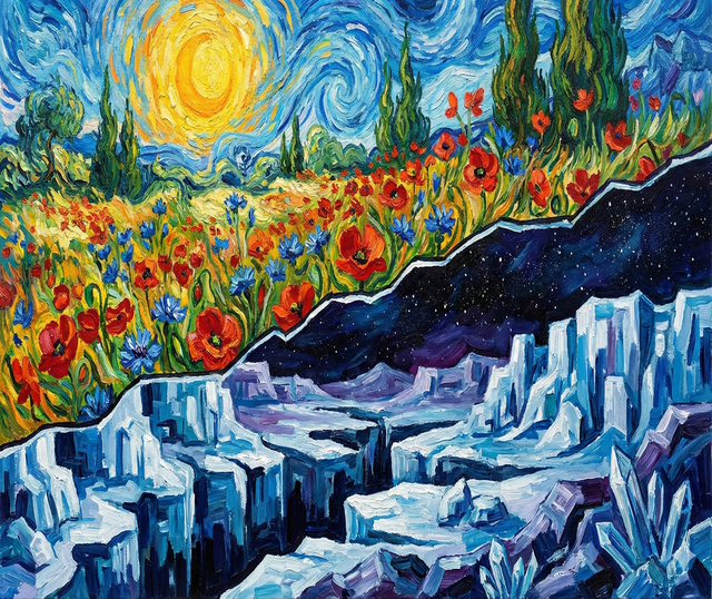 Dipinto stile Van Gogh diviso in due: sopra un paesaggio primaverile vibrante, sotto un ghiaccio freddo e siderale. Metafora del contrasto tra infatuazione ed egoismo.
