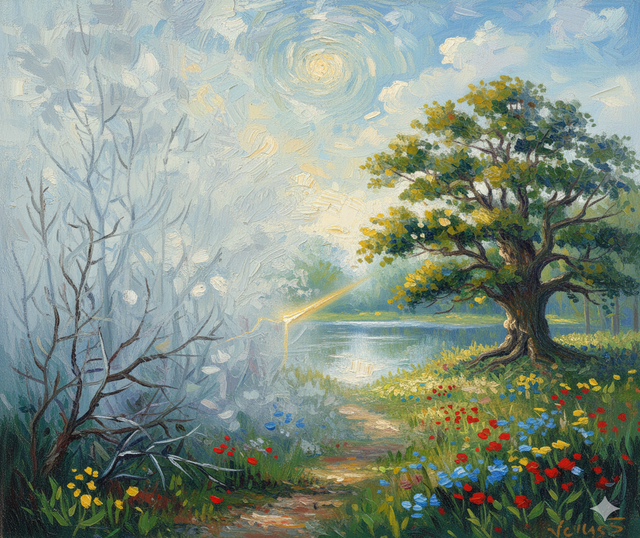 Dipinto stile impressionista con albero, sentiero e nebbia, metafora del percorso di psicoterapia e dell'autenticità.