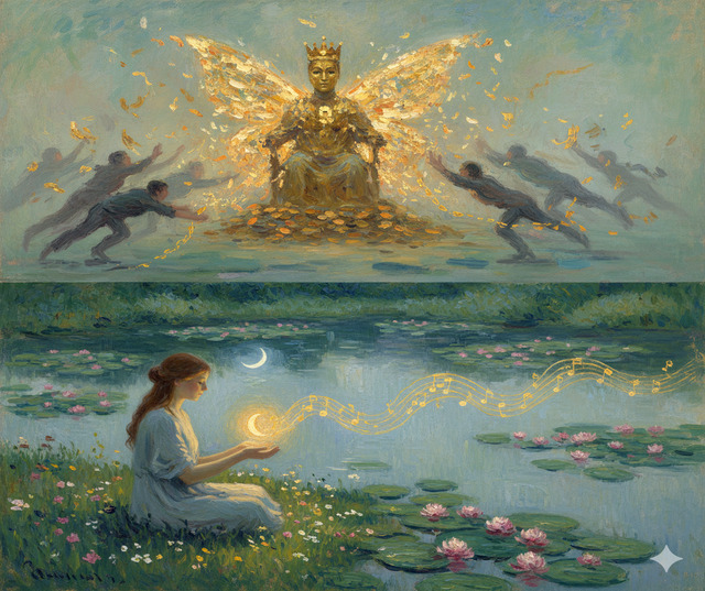 Un dipinto impressionista diviso: in alto, una scena frenetica e infuocata con una figura che insegue invano una farfalla d'oro (la felicità effimera) ai piedi di una regina tirannica. In basso, la serenità notturna di una donna seduta in riva a ninfee (stile Monet), che emana musica e luce da una lanterna (la gioia interiore). L'immagine simboleggia il contrasto tra l'affannosa ricerca esterna e la pacifica ricchezza interiore.