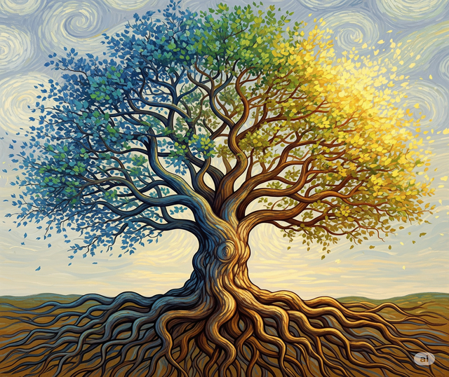 Albero con radici profonde e luce solare, metafora della memoria e del benessere mentale, immagine generata da Sibilla Ulivi