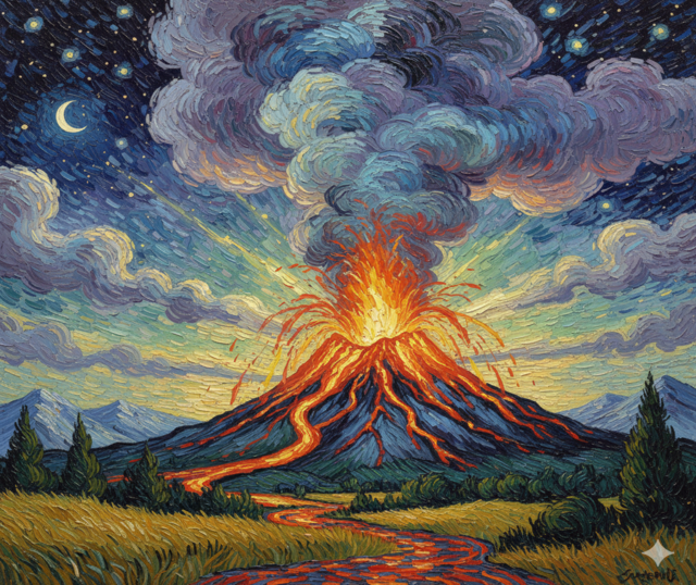 Dipinto impressionista di un vulcano attivo con pennellate vibranti e colori brillanti, simbolo della rabbia che tracima e dell'energia psichica ereditata.