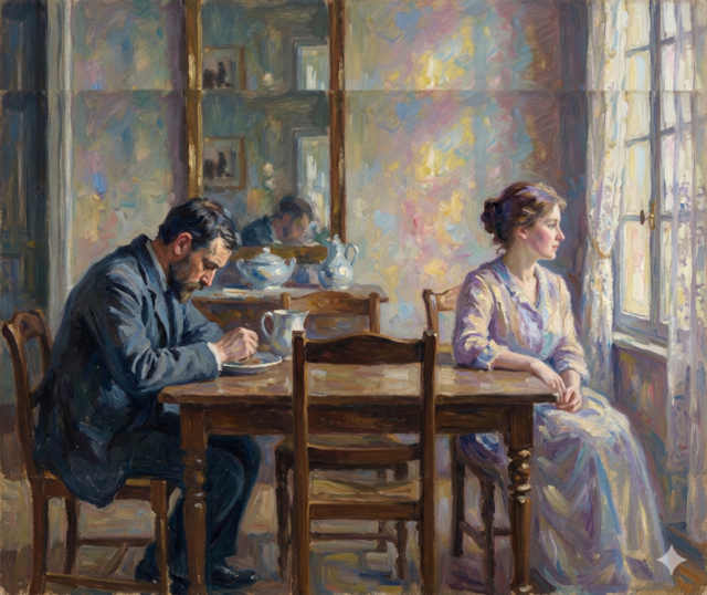 Dipinto impressionista di una coppia a tavola che non si guarda, simbolo della solitudine a due e della scelta di separarsi con coscienza.