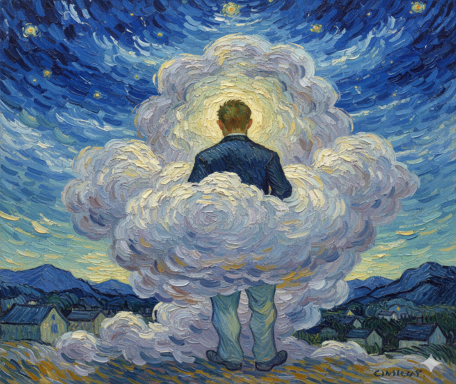 Dipinto impressionista di un uomo di spalle immerso in una nuvola azzurra, metafora della fuga dall'amore e dell'incertezza affettiva maschile.