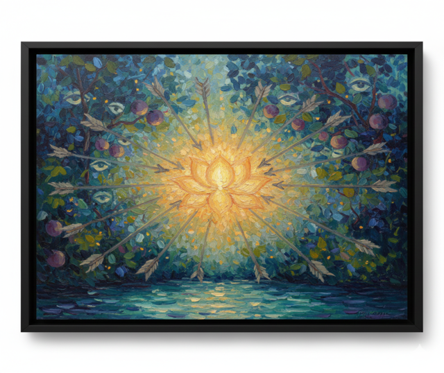 Quadro in stile impressionista che simboleggia l'ascolto di se stessi. Il fiore luminoso centrale rappresenta l'autenticità e la coscienza di sé, capace di resistere alle frecce delle aspettative altrui e al rumore del mondo esterno. Un'immagine della potenza vitale che emerge quando smettiamo di farci condizionare per ritrovare la nostra verità interiore.