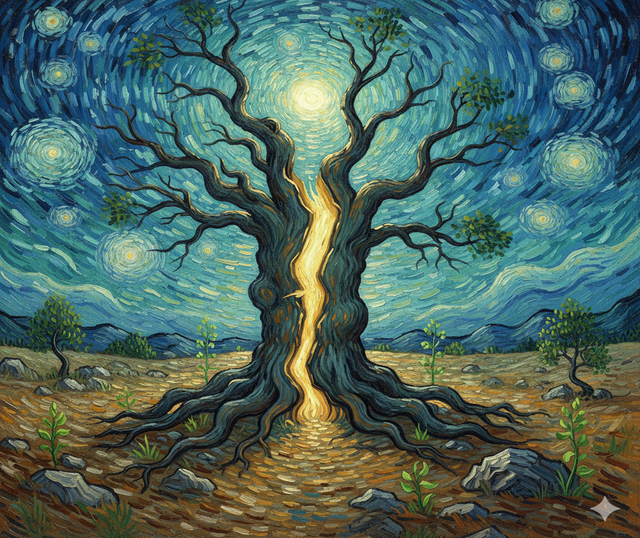 Un’evocazione naturalistica in stile impressionista dove le radici ferite e il tronco segnato diventano simboli dell'identità ritrovata attraverso la cura. La luce che scaturisce dalla cicatrice rappresenta l'integrazione del dolore, trasformando la vulnerabilità in un idioma personale unico e luminoso. Un invito visivo a superare la superficie per riscoprire l’autenticità profonda del proprio sé.