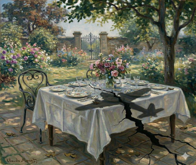 Dipinto impressionista di una tavola imbandita in un giardino fiorito, squarciata da una profonda crepa nera nel terreno e oscurata dall'ombra minacciosa di un aereo bombardiere che cade sulla tovaglia bianca.