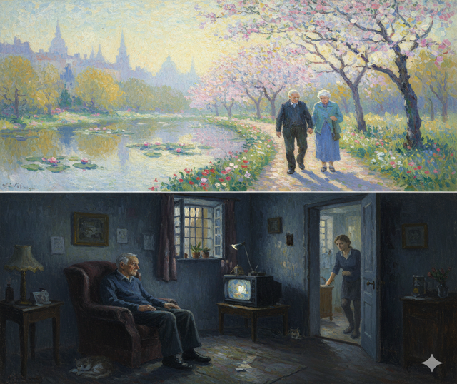 Immagine metaforica in stile Monet sulla terza età. La scena è divisa: in alto, una coppia di anziani cammina felice in un parco fiorito, simbolo di vitalità e rinascita. In basso, un uomo anziano siede da solo in una stanza buia e disordinata, rappresentando il rischio di depressione e isolamento.