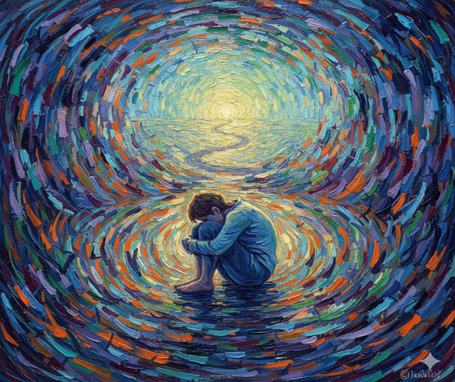 Una rappresentazione artistica del panico: la figura, sopraffatta dal vortice caotico del sintomo, scorge in lontananza un sentiero di luce, simbolo della speranza e del percorso di cura attraverso l'ascolto di sé.