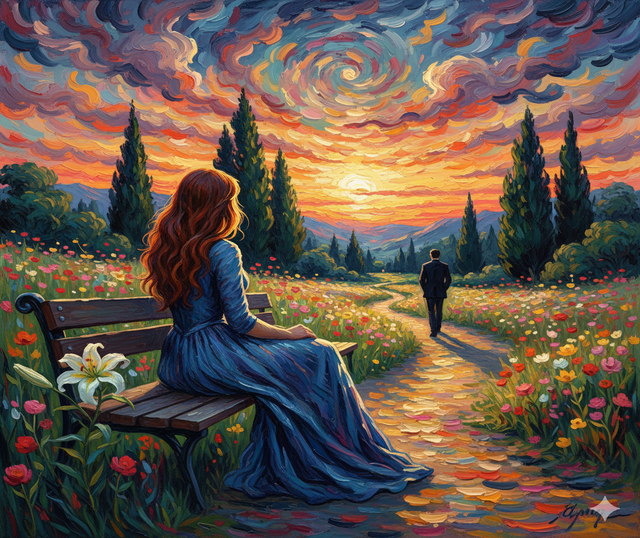 Dipinto evocativo in stile impressionista che raffigura una donna di spalle, seduta su una panchina, mentre osserva un uomo in lontananza in un paesaggio vibrante. L'opera simboleggia la sofferenza e la complessità delle relazioni dolorose.