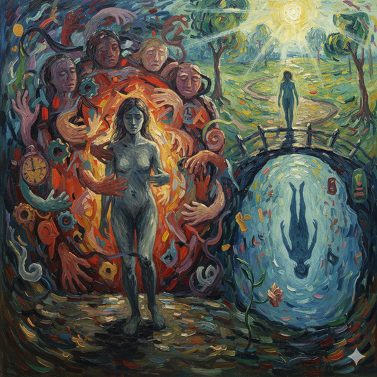 Rappresentazione metaforica in stile impressionista del rapporto con l'Altro in psicoanalisi. Una figura centrale è schiacciata da un Altro invadente a sinistra e cade nel vuoto di un Altro assente a destra. Sullo sfondo, un sentiero di speranza.