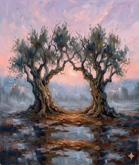 Dipinto impressionista di due alberi secolari che formano un arco naturale su uno sfondo nebbioso, metafora psicologica dell'incontro d'anime e del valore della mancanza nell'amore profondo