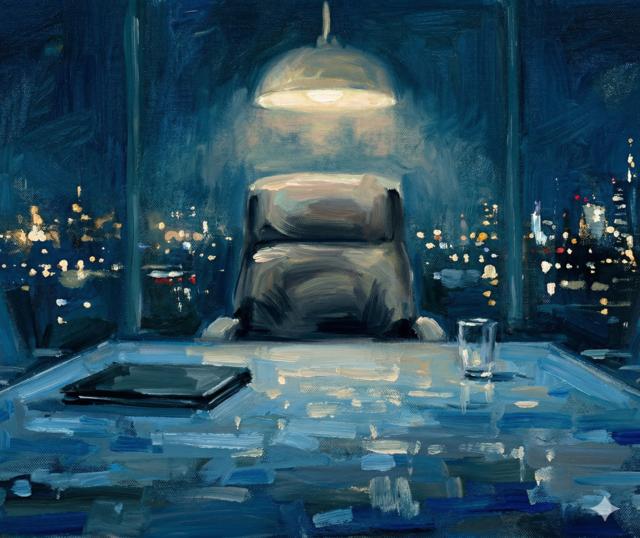 Dipinto impressionista di una sala riunioni buia con una sedia presidenziale vuota sotto una luce fredda, simbolo della psicopatia al potere e del mobbing.